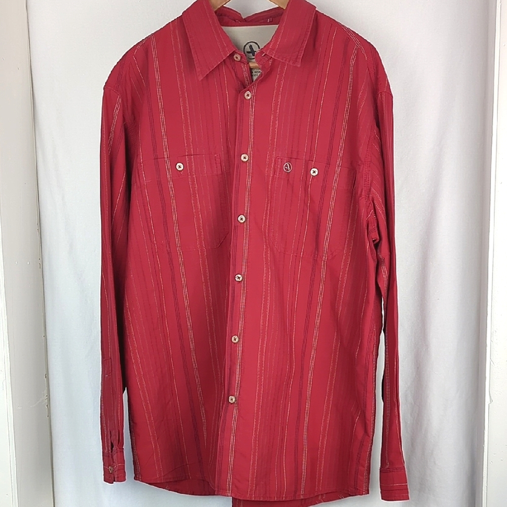 AIGLE Men's Large Red Stripe Button Down Cotton Shirt